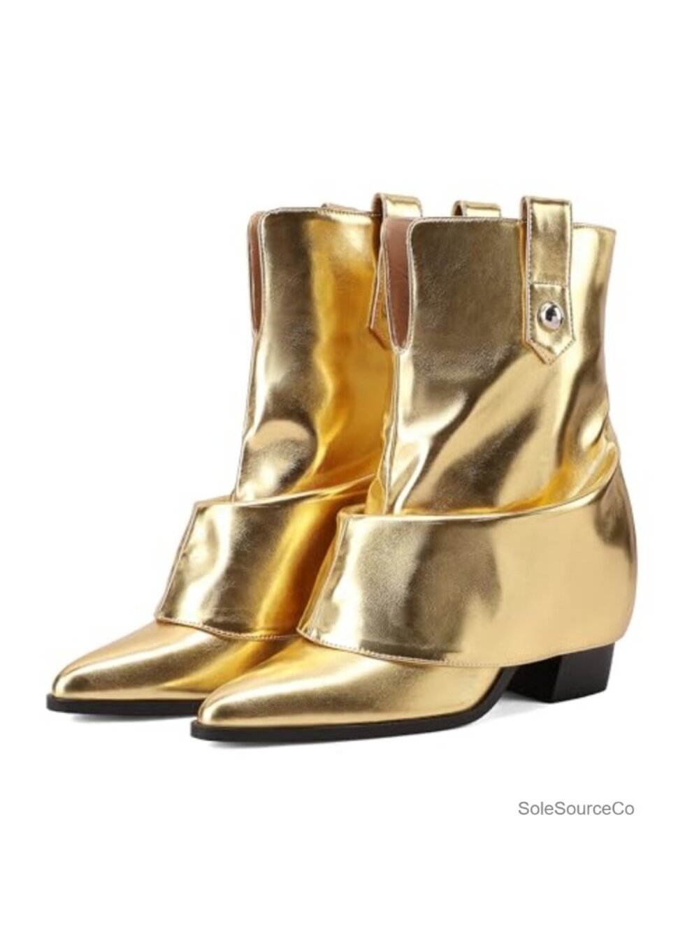 Women's Fold-Over Ankle Booties Pointed Toe Chunky Heel Faux Leather